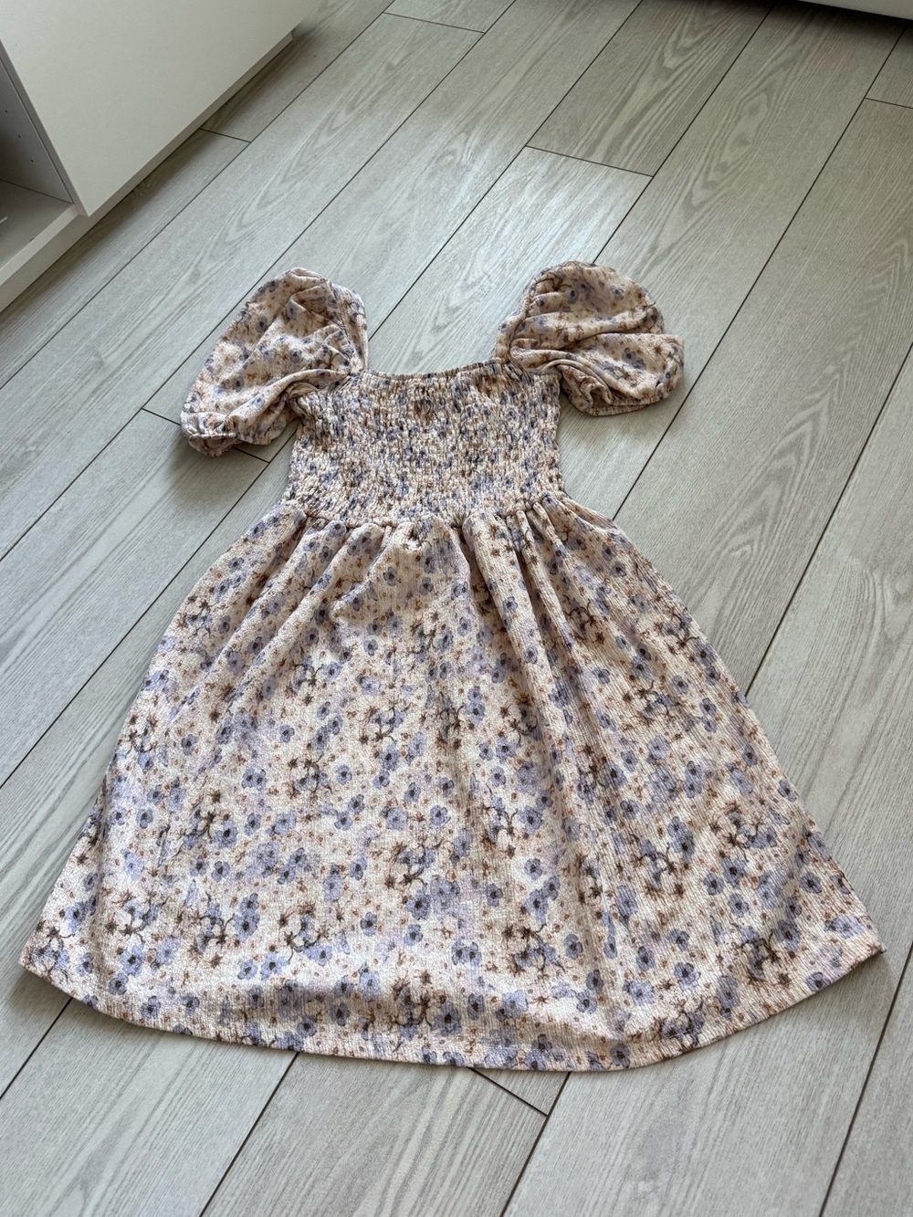 H&M babydoll dress mini summer beige blue floral puff sleeves boho festival M